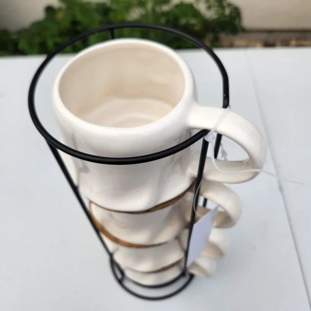 NEW Ceramic Ghost Mugs Mug Set of 4 Stacking Stackable White Stoneware Can hold